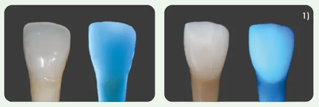 Picture: Translucency/ Opalescence and fluorescence of the VISALYS® BIOCERAMIC BLOCK compared to a natural tooth